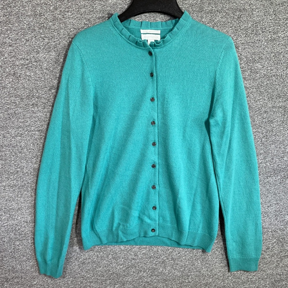 Charter Club Cashmere Ruffle Neck Cardigan Teal Blue Button Up Sweater Small